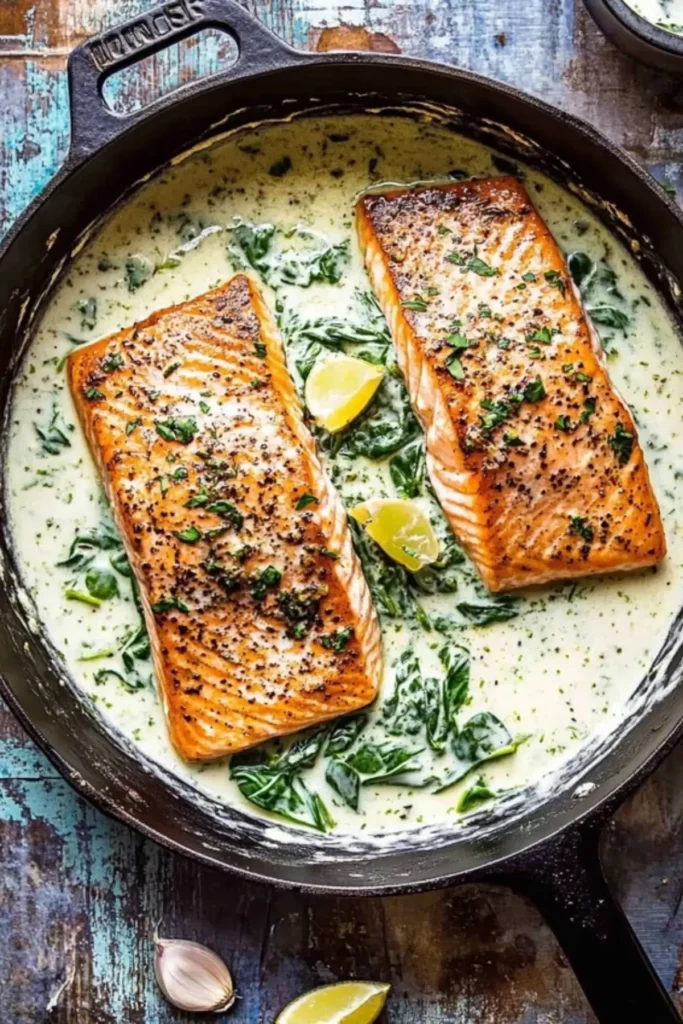 Garlic Butter Creamed Spinach Salmon.
